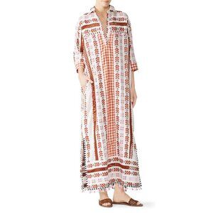 Dodo Bar Or Carmen Caftan White Orange Pink Embroidered Dress Women's Size Small
